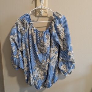 Women's 2x Miss Lili Striped Blouse Blue White Floral Boho Plus Size Top EUC